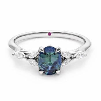 Tamora blue green oval sapphire platinum engagement ring with diamond marquise side accent stones