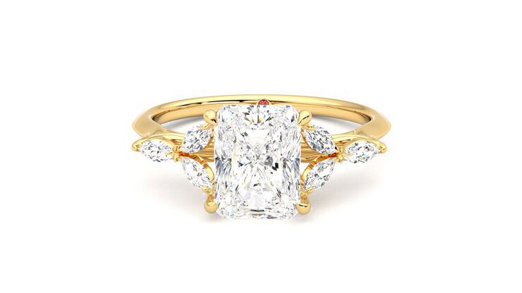 Radiant centre engagement ring with marquise diamond petals on a knife edge band