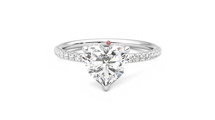 Heart solitaire engagement ring with hidden diamond halo and pavé band