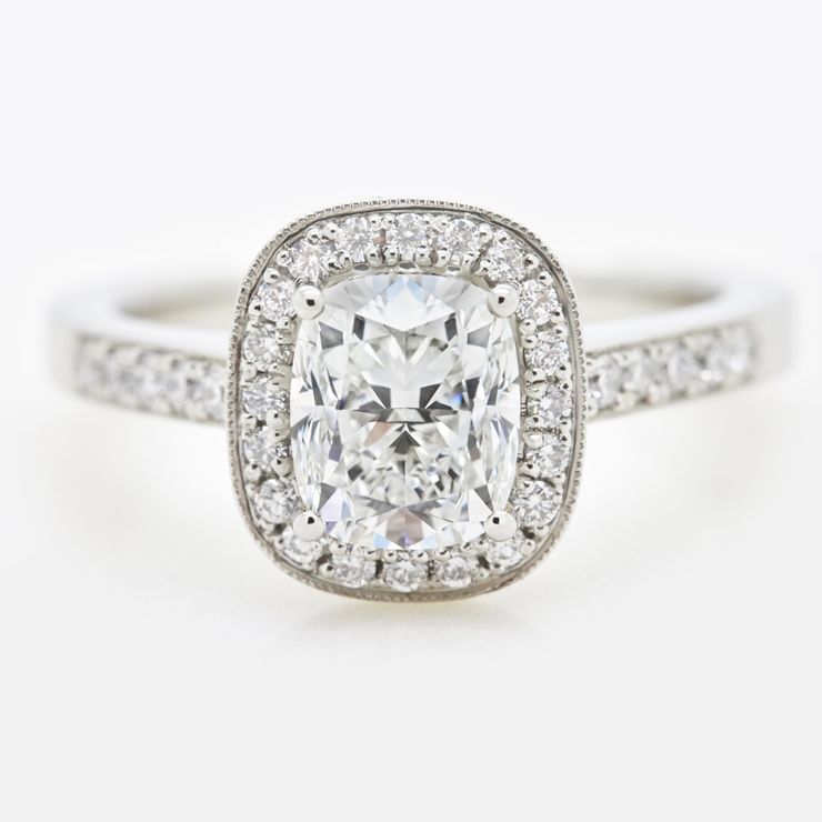 Elongated cushion cut diamond halo with milgrain