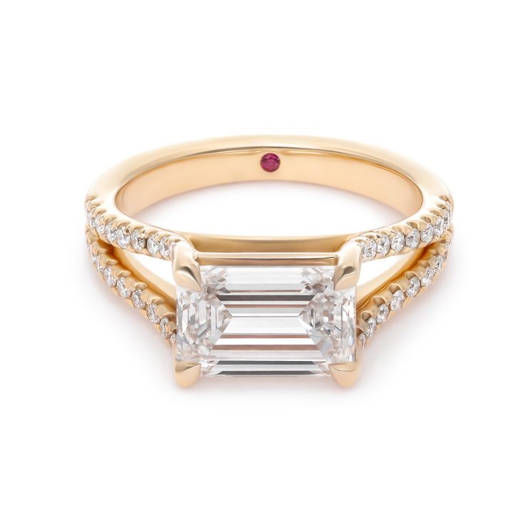 Emerald cut diamond ring yellow gold split shank