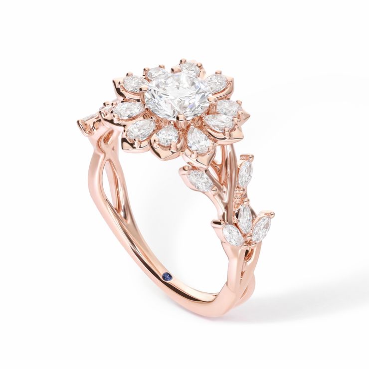 Round diamond rose gold floral organic cluster engagement ring