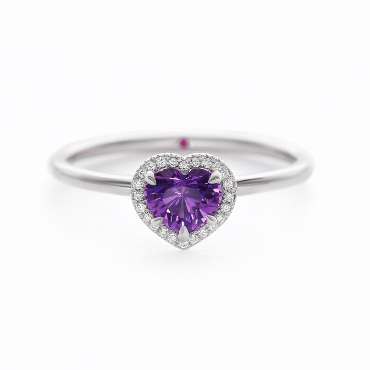 Heart shaped purple sapphire diamond halo engagement ring
