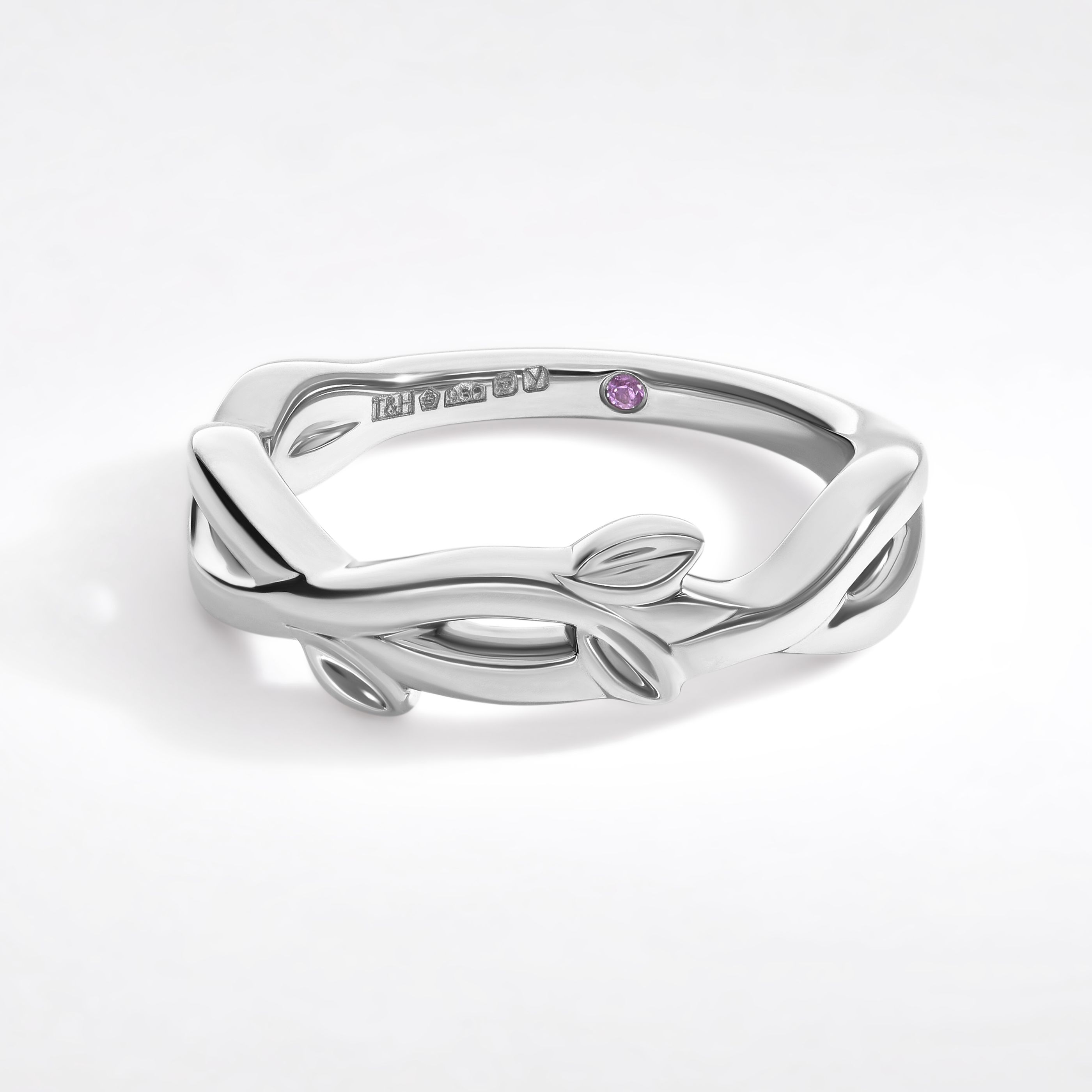 Organic twisted branch and leaf inspired wedding ring in platinum