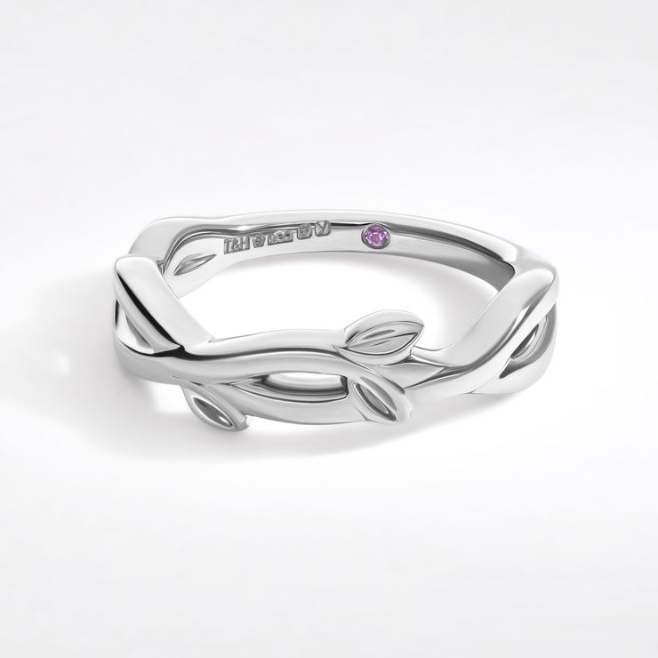 Organic twisted branch and leaf inspired wedding ring in platinum