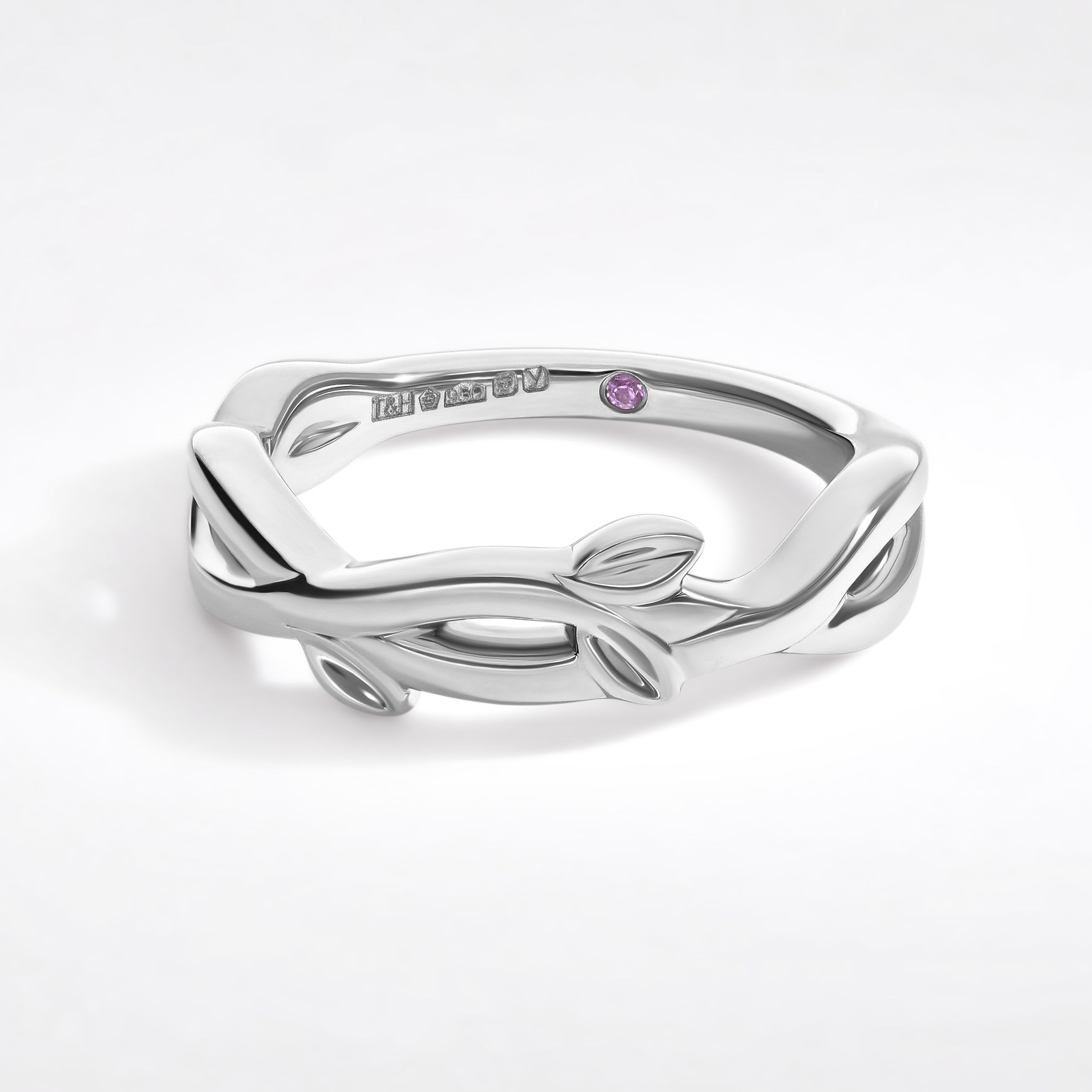 Organic twisted branch and leaf inspired wedding ring in platinum