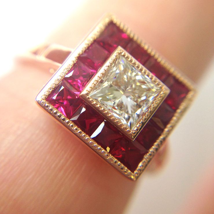 Princess cut diamond with princess cut ruby halo milgrain rose gold engagement ring