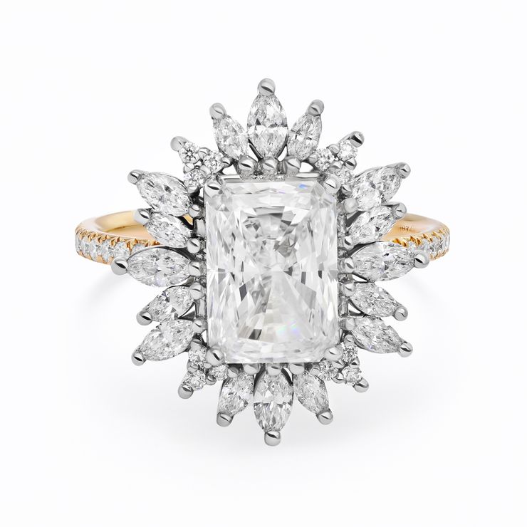 Radiant cut diamond engagement ring with marquise diamond halo platinum and yellow gold