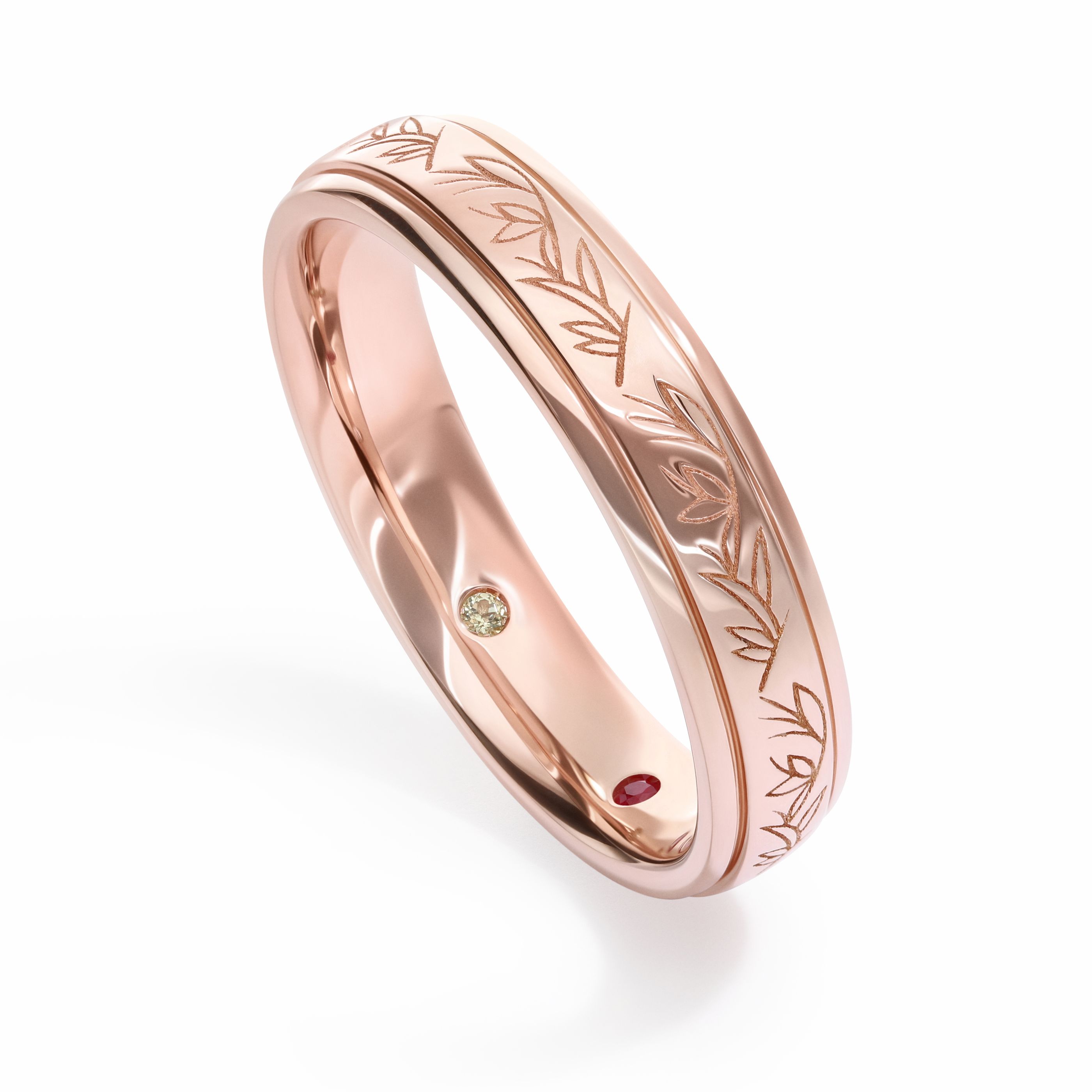 Rose gold organic nature inspired sheaf engraved wedding ring