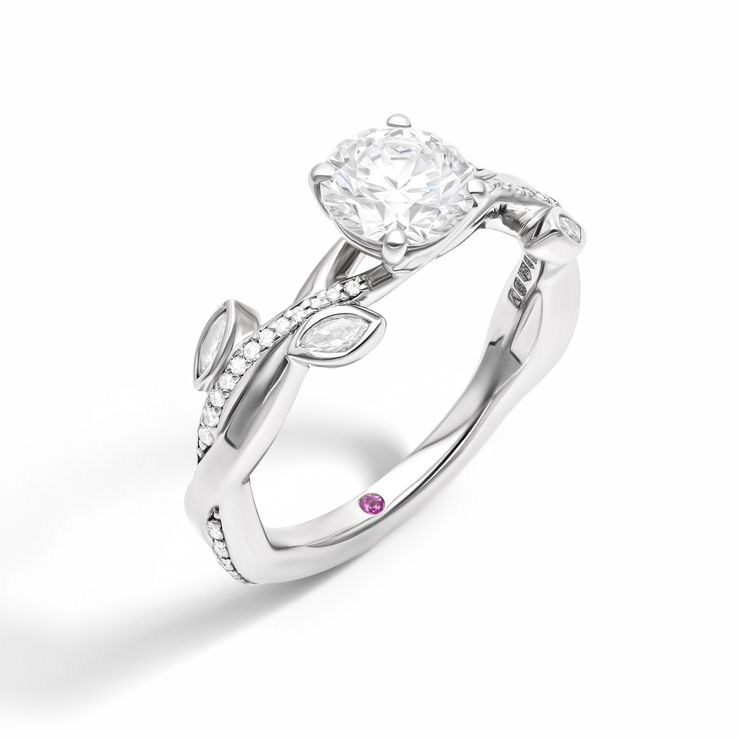 Round diamond organic engagement ring with marquise diamond bezel set leaves