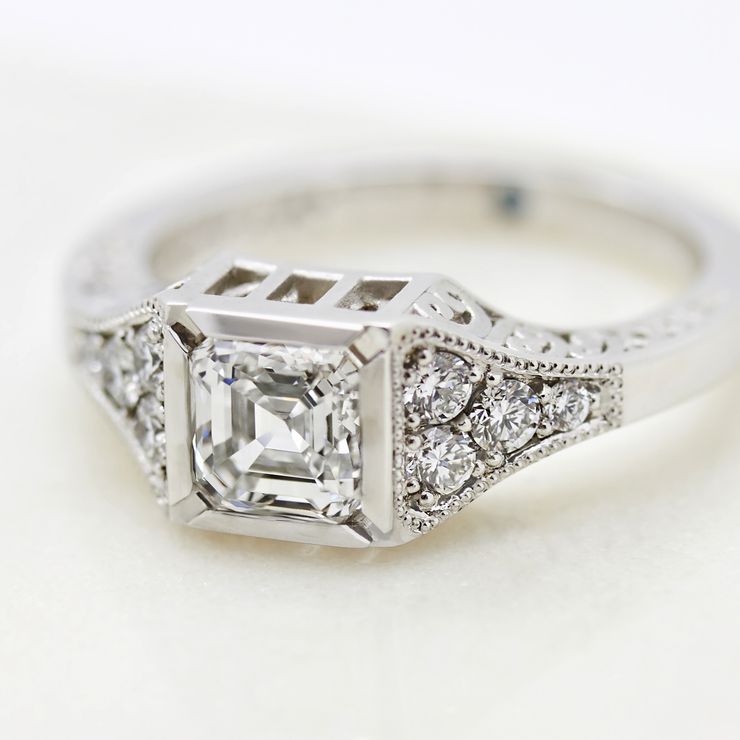 Structural asscher cut diamond engagement ring