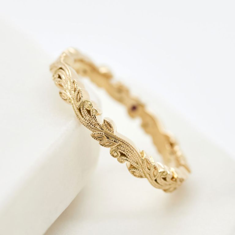 Floral engraved milgrain yellow gold wedding band