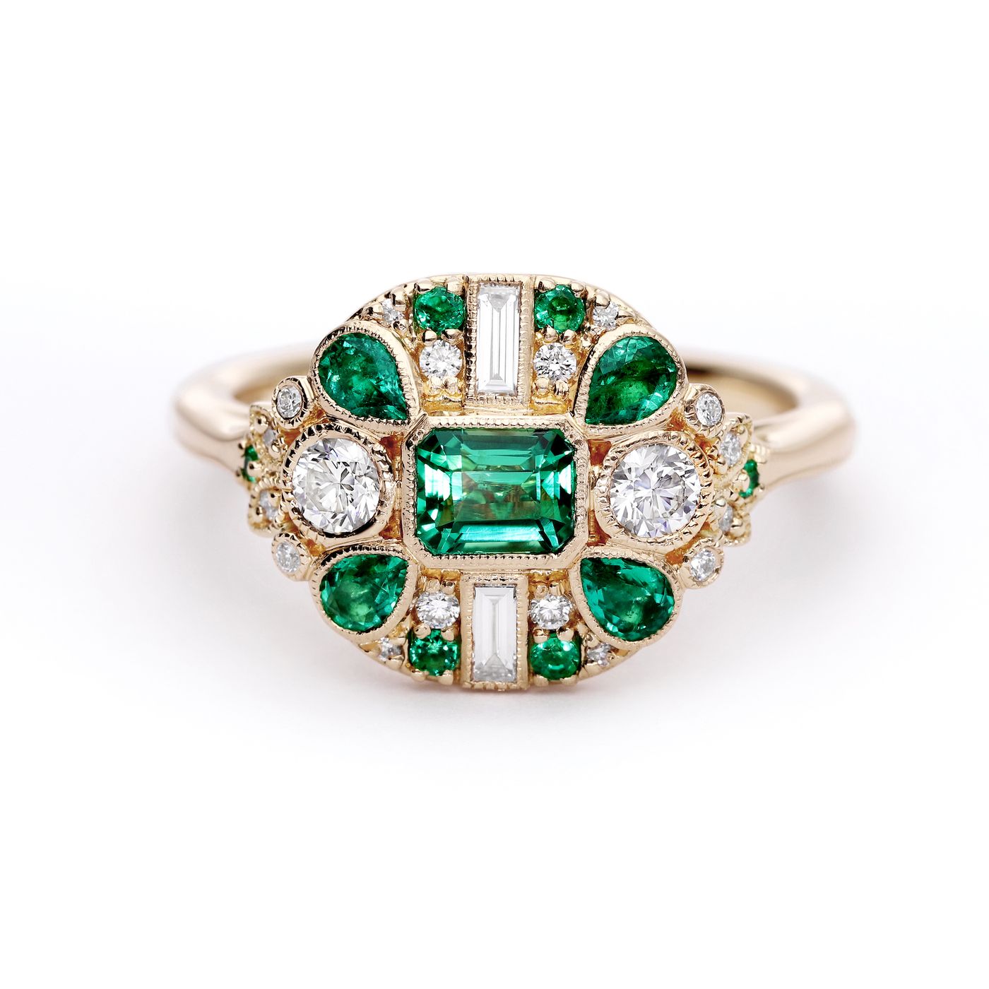 Bespoke emerald and diamond vintage inspired yellow gold engagement ring copy