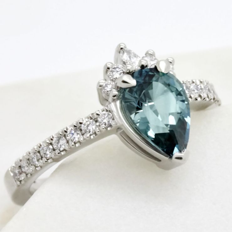 Blue sapphire pear platinum pave engagement ring