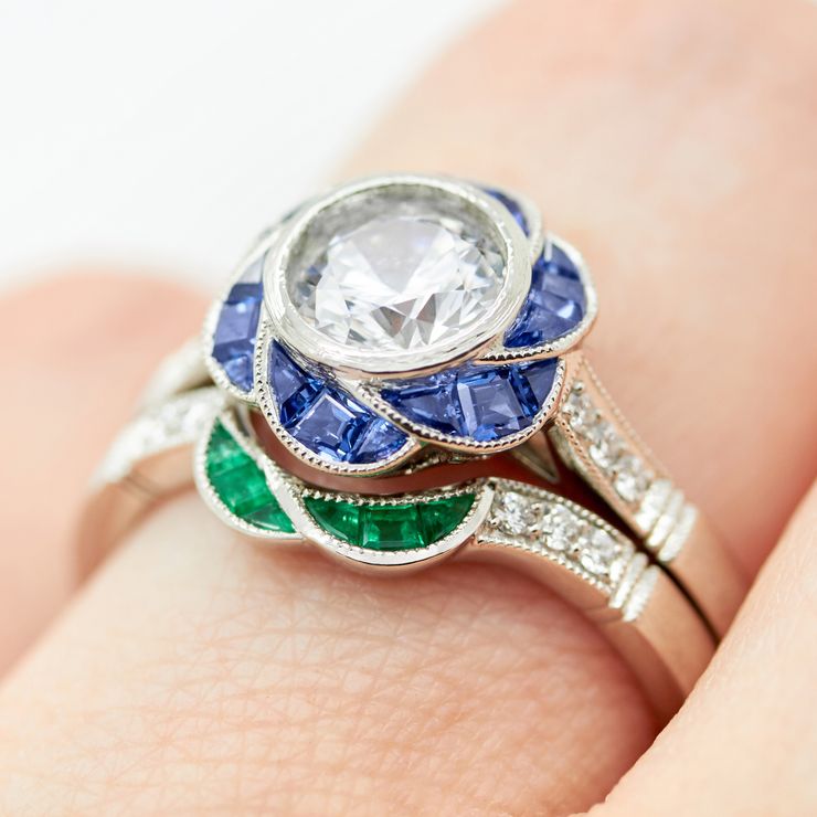 Custom cut blue sapphire emerald fitted wedding and engagement ring