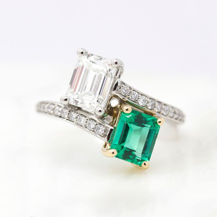 Emerald cut emerald and diamond with bead set diamond band 'moi et toi' engagement ring