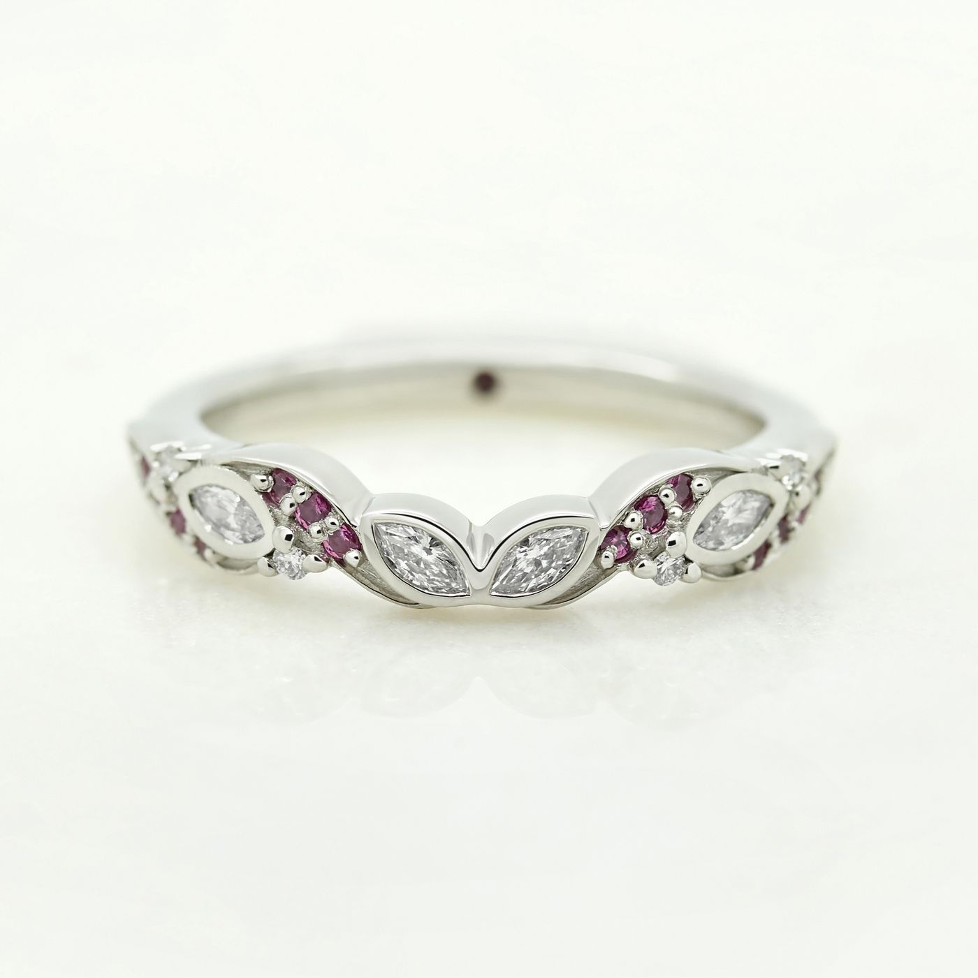 Vintage inspired marquise diamond and ruby wedding band