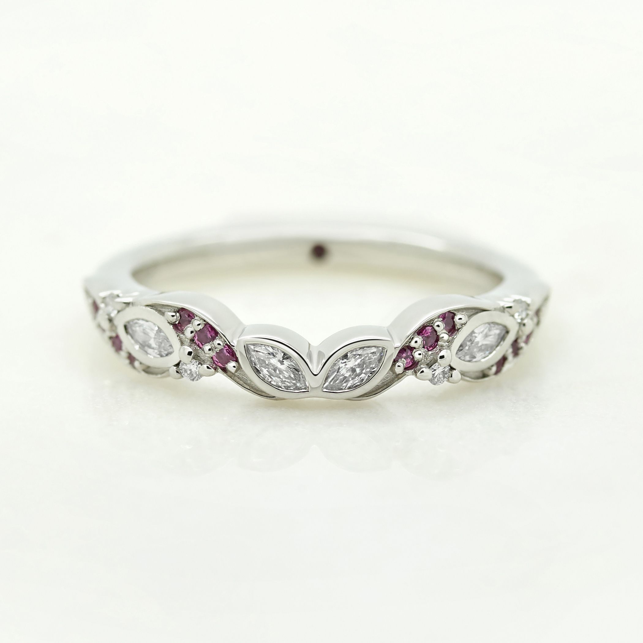 Vintage inspired marquise diamond and ruby wedding band
