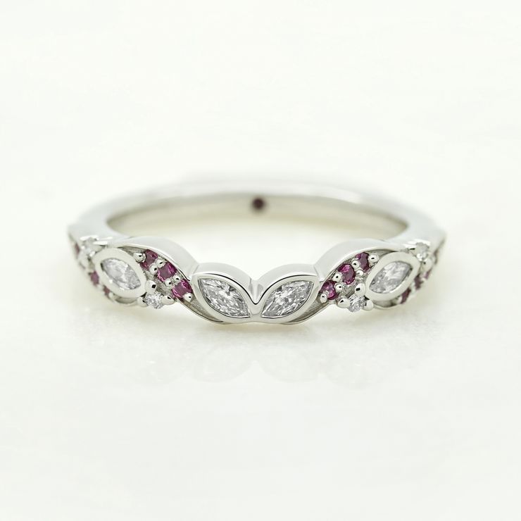 Vintage inspired marquise diamond and ruby wedding band