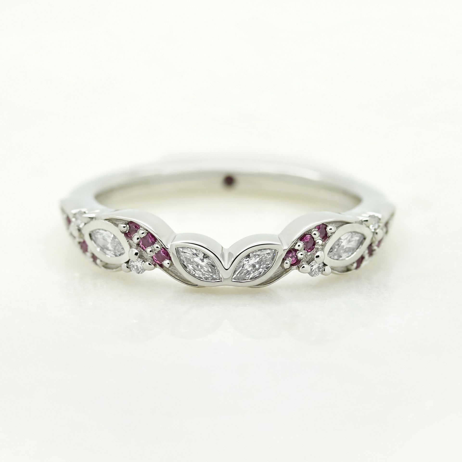 Vintage inspired marquise diamond and ruby wedding band