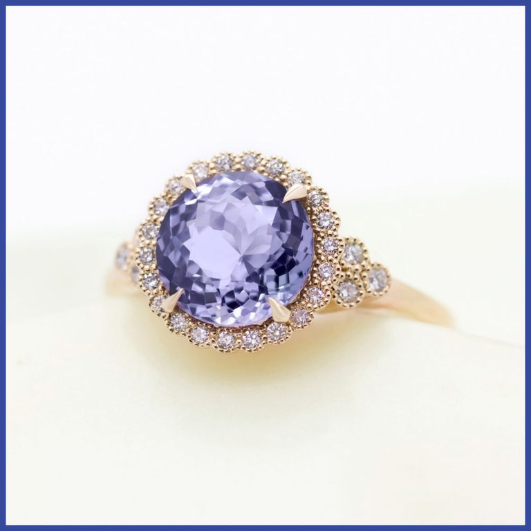 Flower purple round sapphire rose gold engagement ring