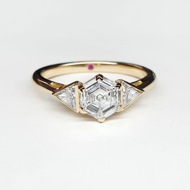 Hexagon diamond yellow gold engagement ring