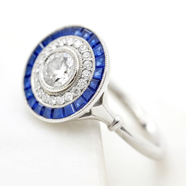 Lab grown diamond engagement ring blue sapphire custom cut halo