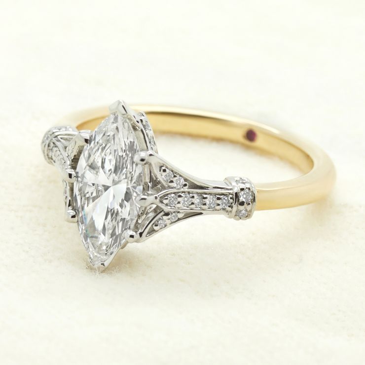 Marquise diamond custom engagement ring vintage inspired yellow gold platinum mixed metal