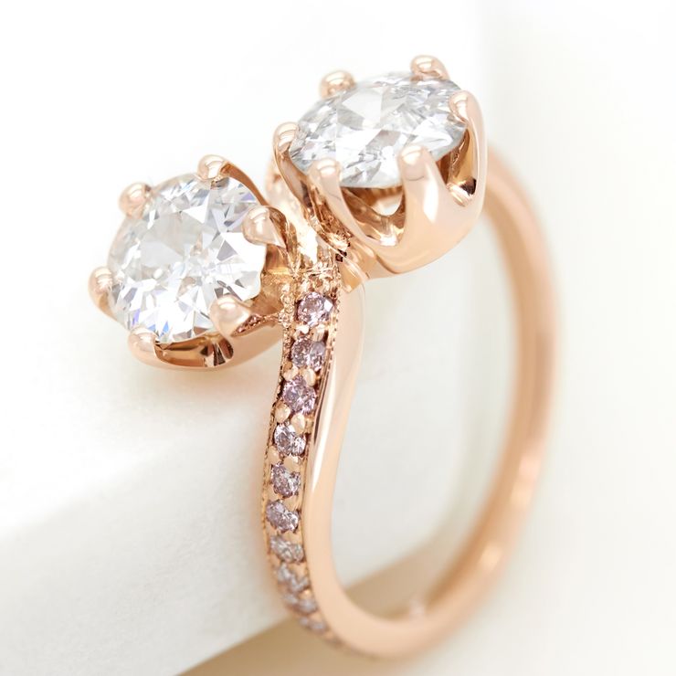 Old European cut diamonds in a crown setting engagement ring with pavé pink diamond band