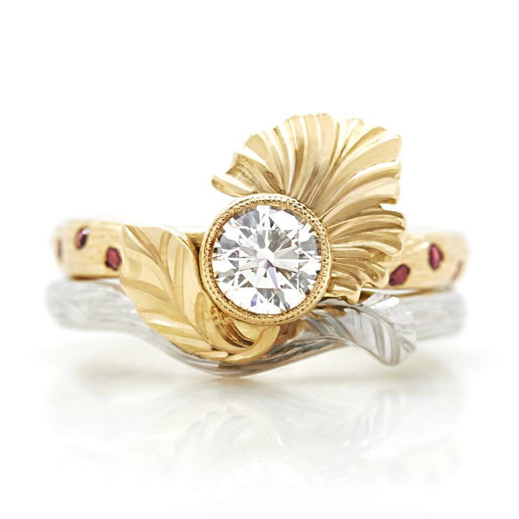 Organic leaf hand engraved engagement ring with matching wedding band