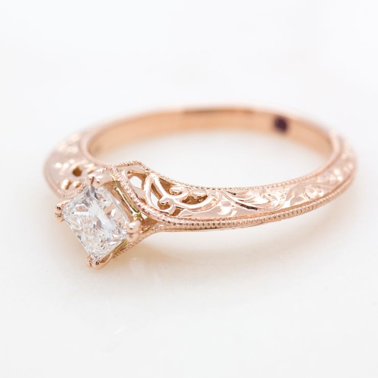 Princess cut diamond engagement ring with filigree, hand engraving and milgrain vintage detail