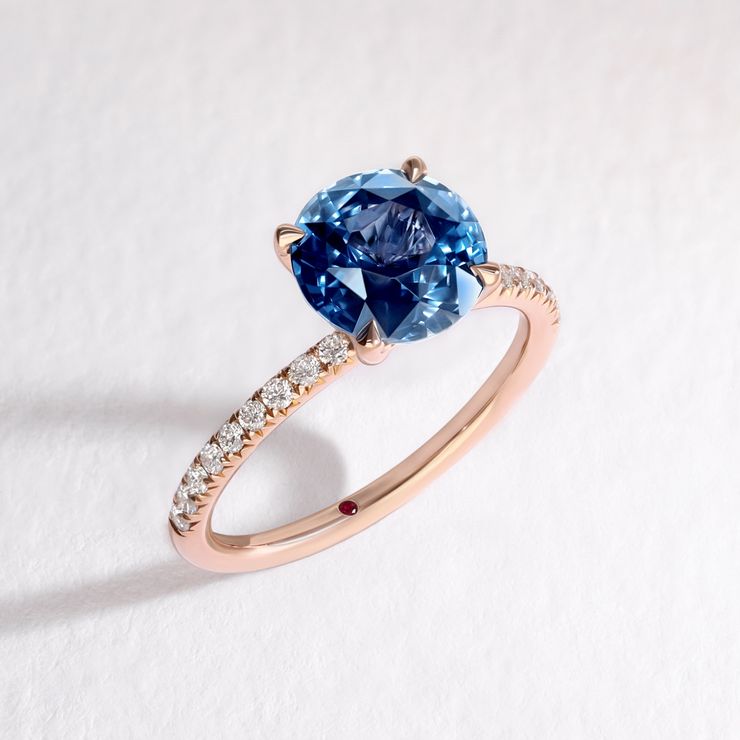 Round blue sapphire rose gold diamond pavé dainty engagement ring