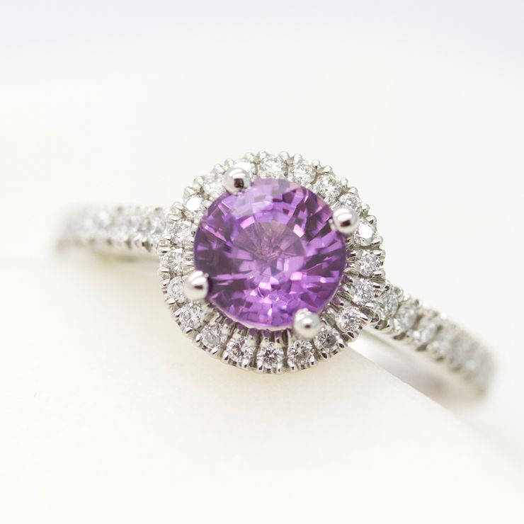 Round purple sapphire diamond halo engagement ring