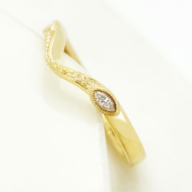 Marquise diamond engraved wedding band with milgrain