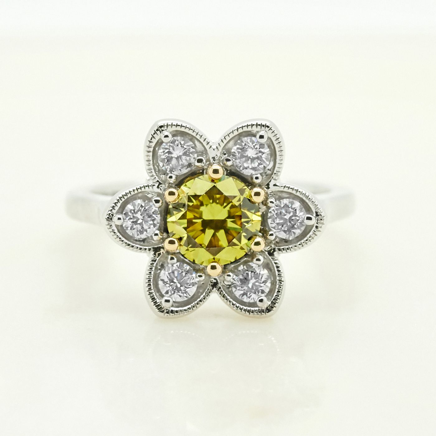 Yellow sapphire floral design round diamonds platinum