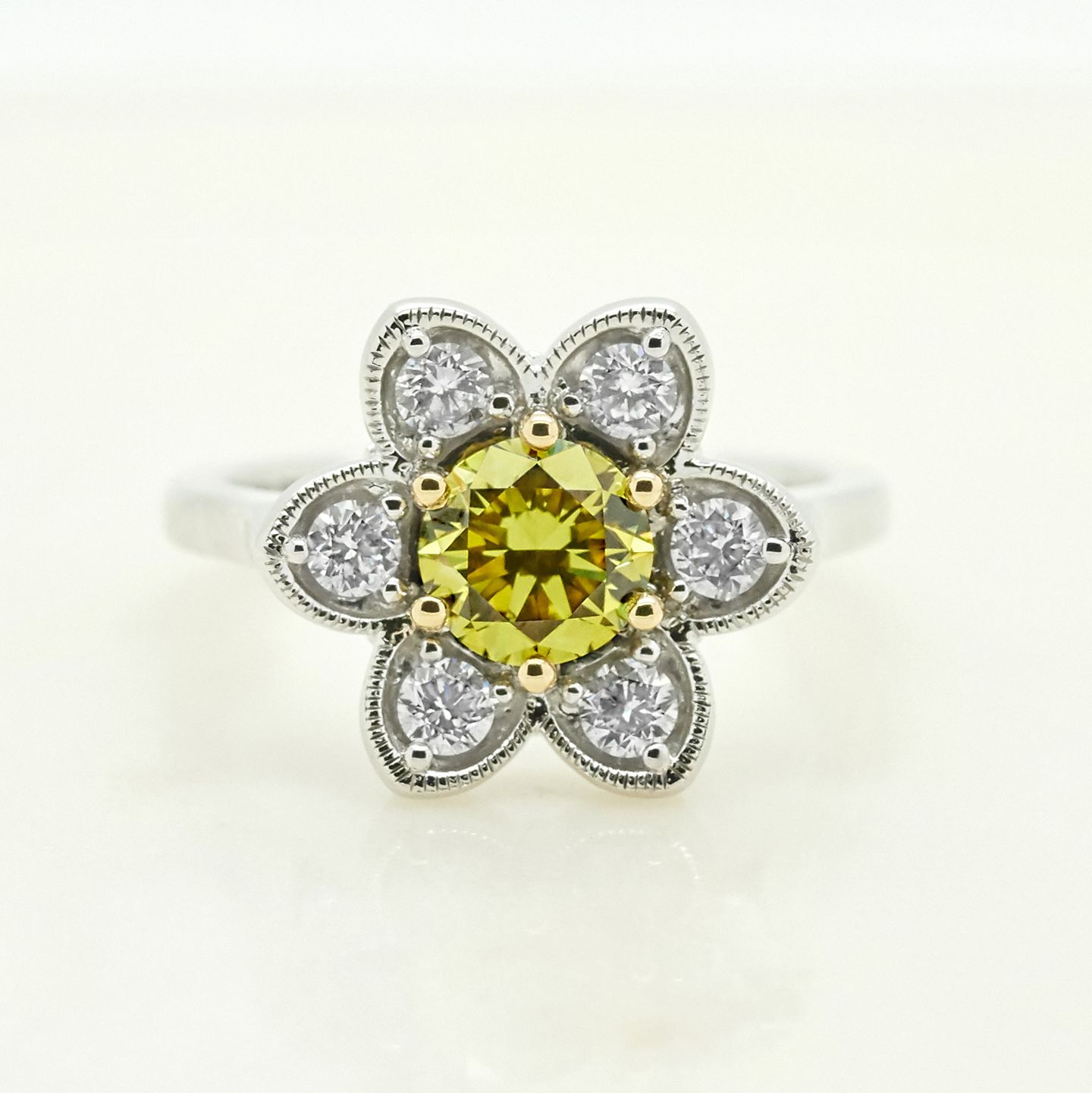 Yellow sapphire floral design round diamonds platinum