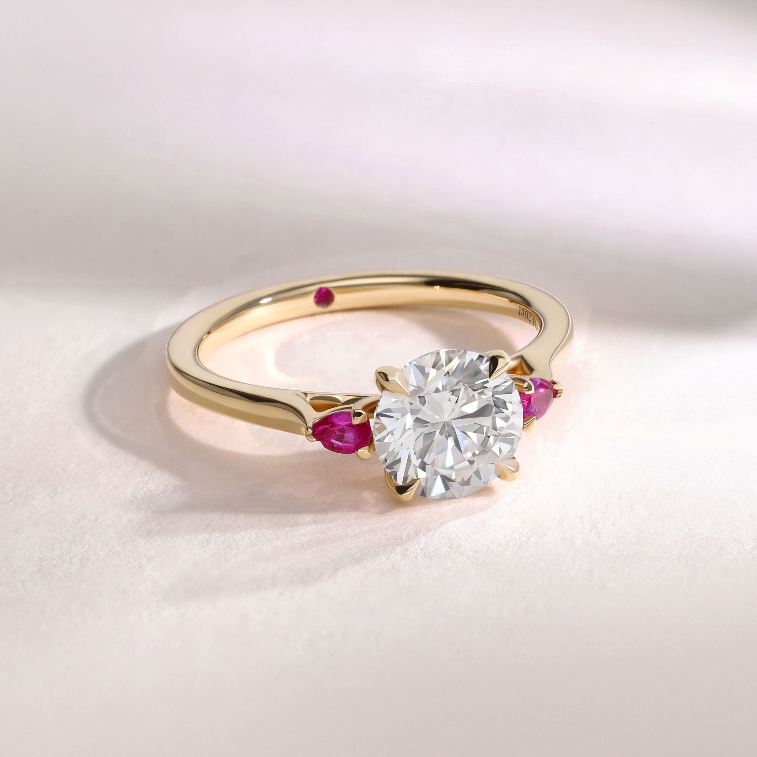 Faith round diamond pink pear side sapphires trilogy engagement ring yellow gold copy