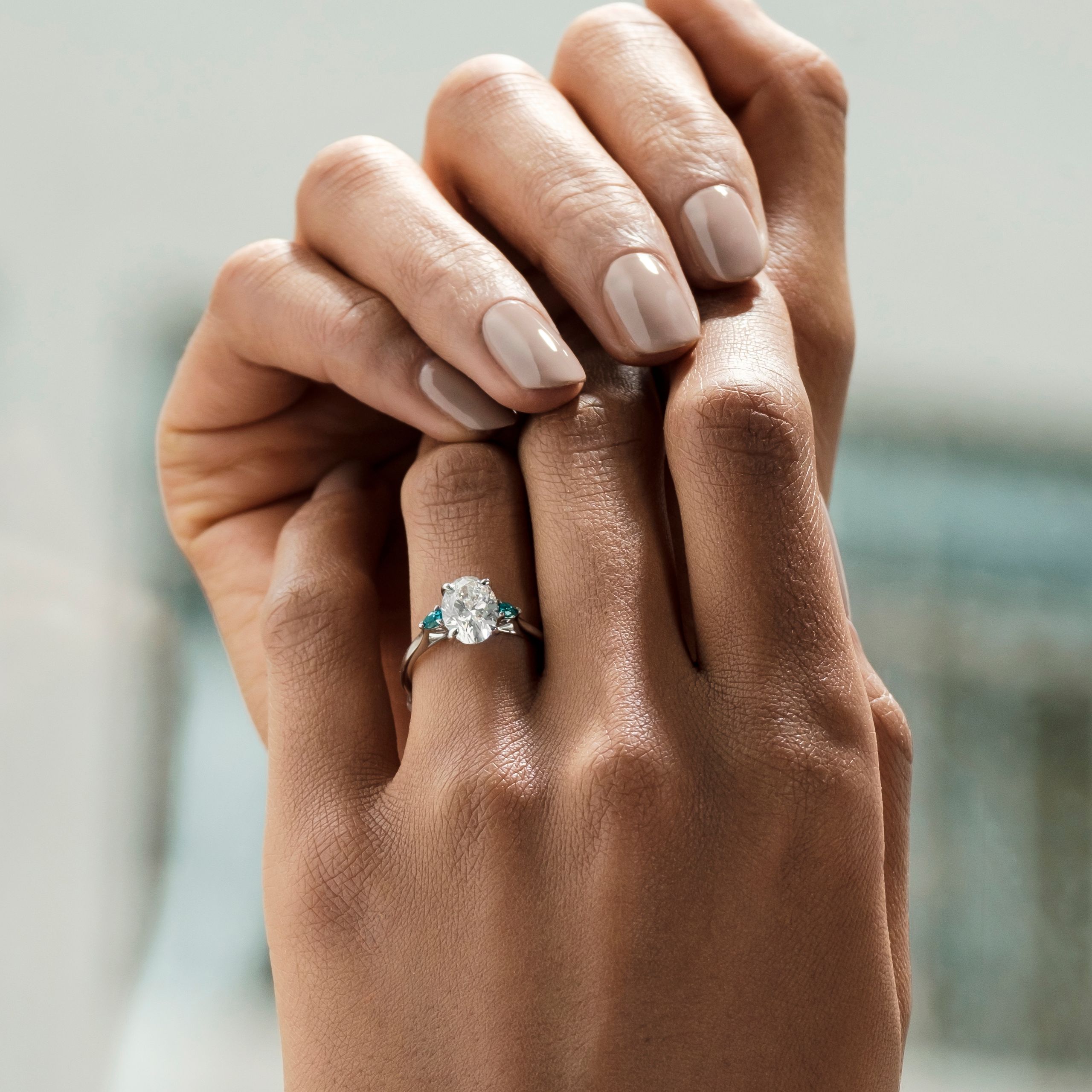 Оval faith platinum teal sapphires on hand