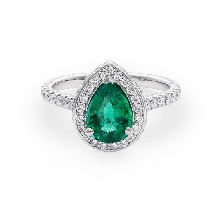 Elixir engagement ring pear cut emerald diamond halo platinum copy