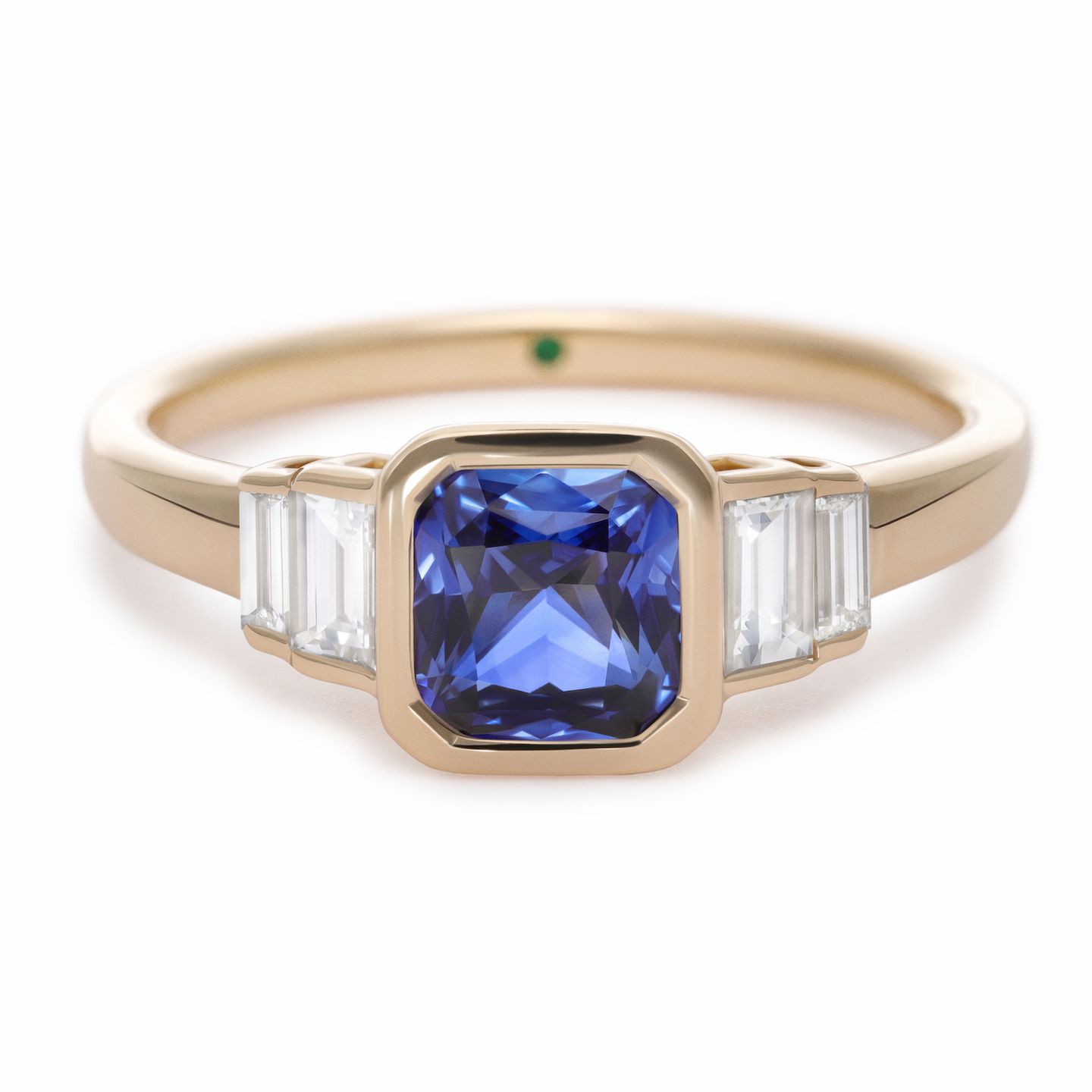 Custom bezel set vintage inspired yellow gold engagement ring square octagonal blue sapphire with tiered baguette diamond side stones five stone sq