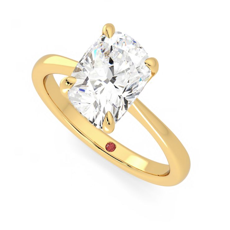 Elongated cushion diamond tapered solitaire yellow gold engagement ring