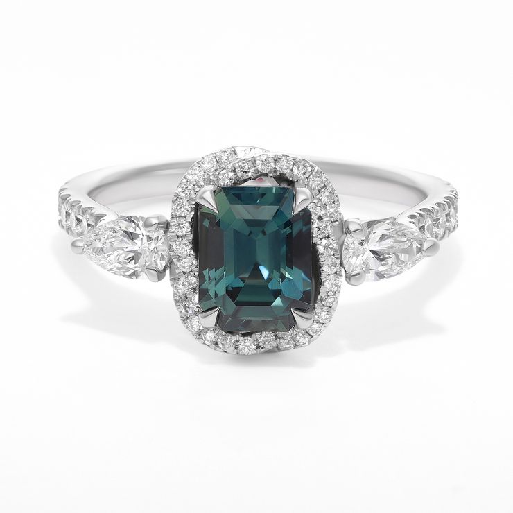Emerald cut teal sapphire diamond halo accent stones engagement ring squaew