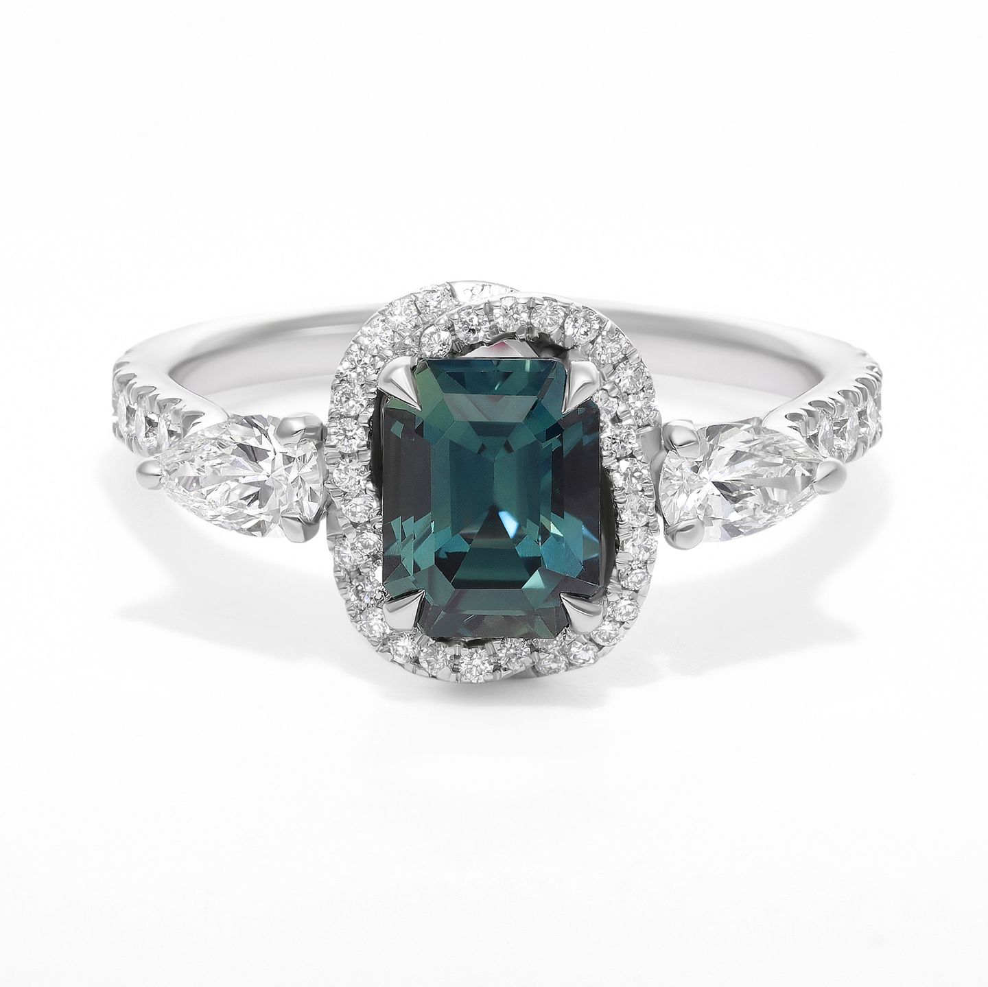 Emerald cut teal sapphire diamond halo accent stones engagement ring squaew