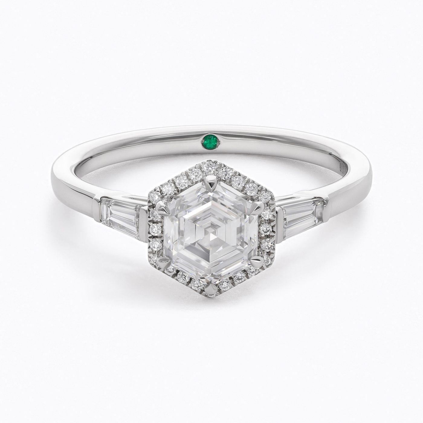 sq hexagonal diamond halo engagement ring with tapered diamond baguettes copy