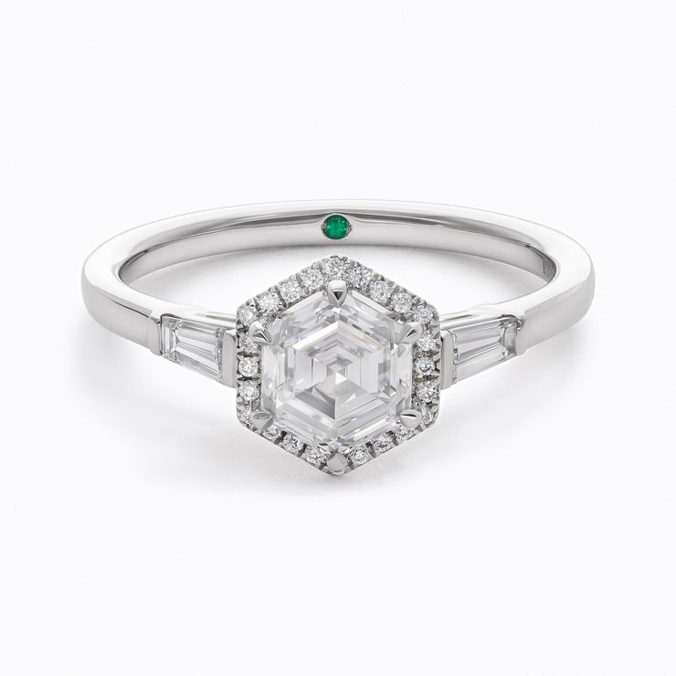 sq hexagonal diamond halo engagement ring with tapered diamond baguettes copy