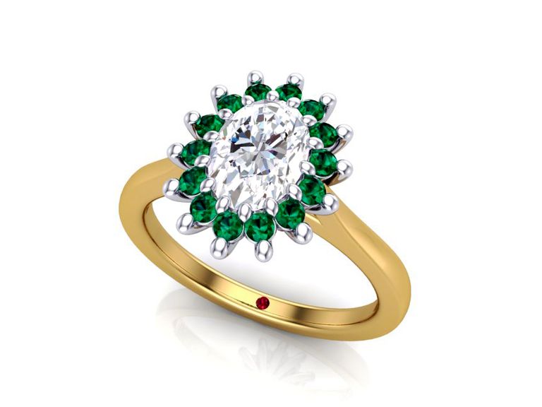 Yellow gold oval diamond emerald halo engagement ring