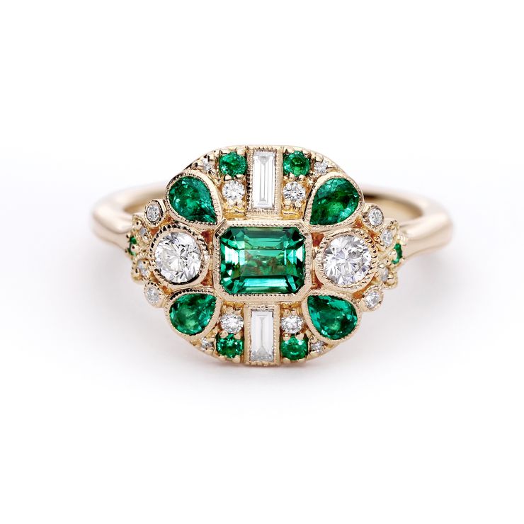 Bespoke emerald and diamond vintage inspired yellow gold engagement ring copy
