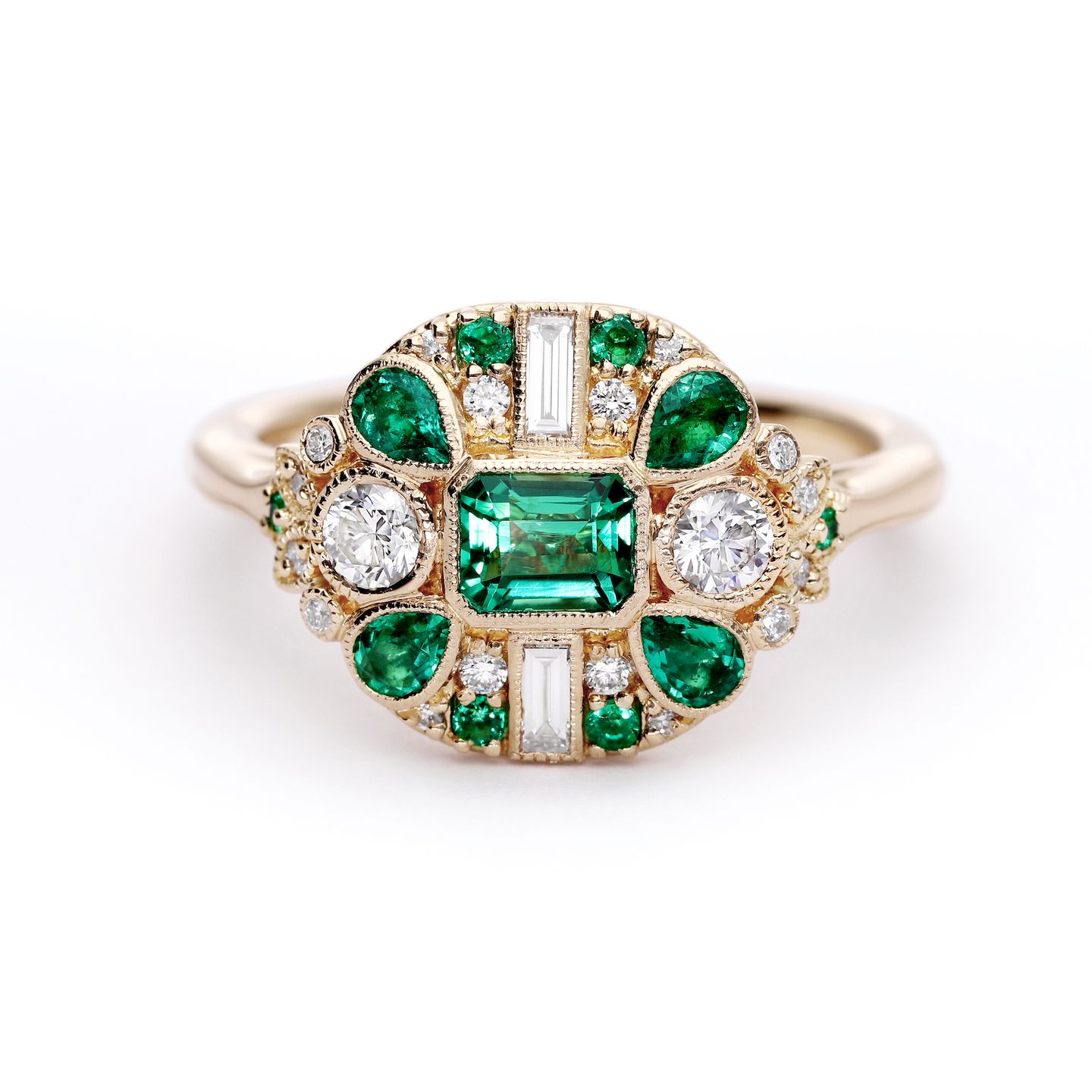 Bespoke emerald and diamond vintage inspired yellow gold engagement ring copy