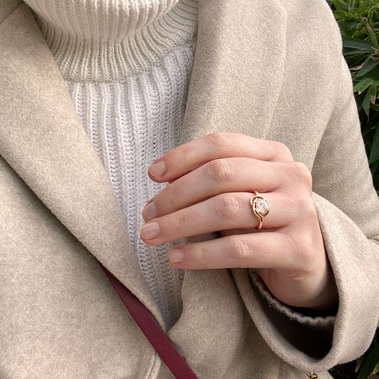 Bespoke oval rose cut diamond love knot ring rose gold