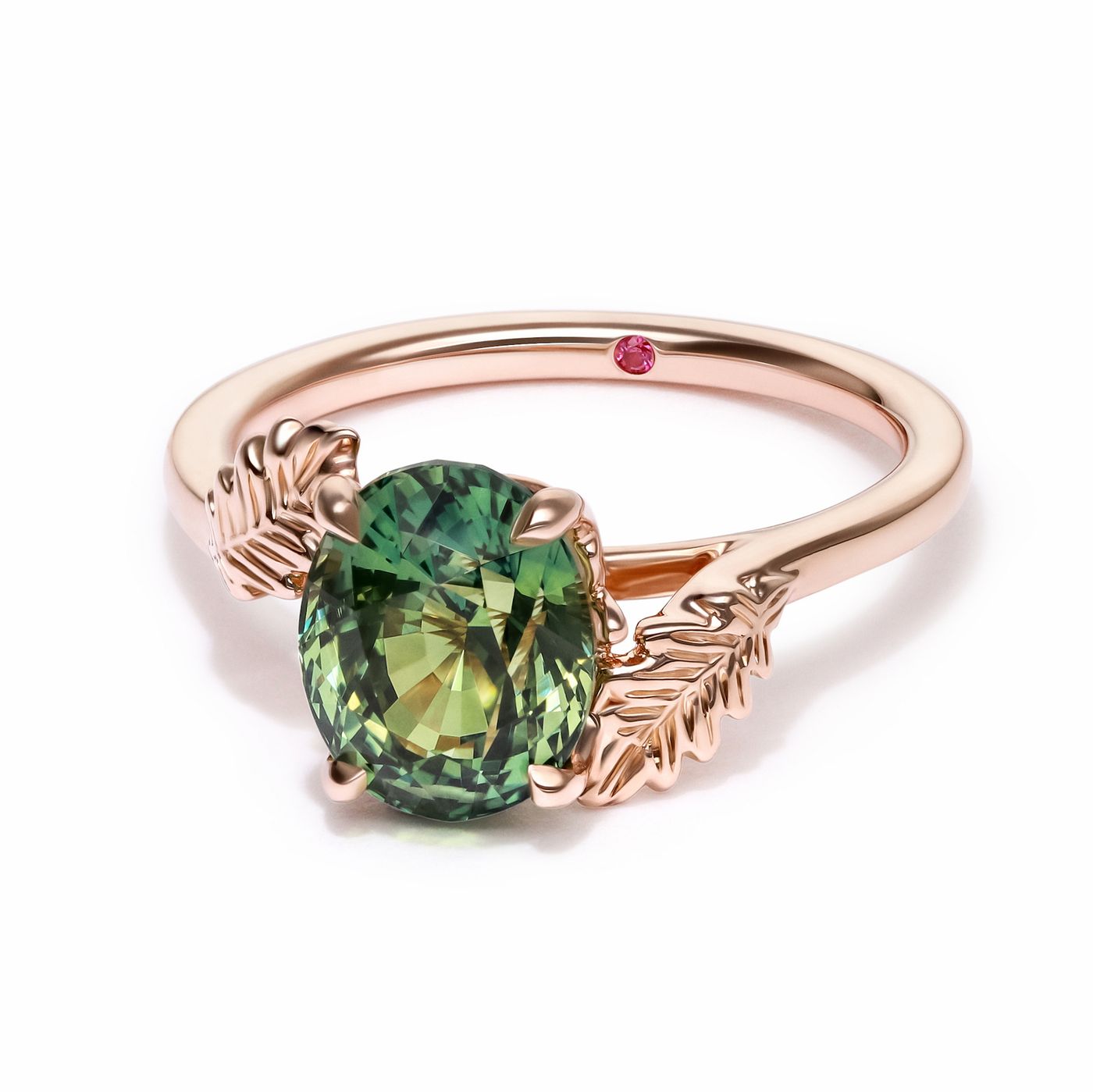 Bicolour yellow green oval sapphire nature organic inspired engagement ring with leaf engraved accent rose gold band